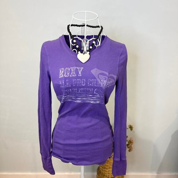 Cute vintage y2k Roxy Purple tight Henley long sleeve top - Picture 2 of 7